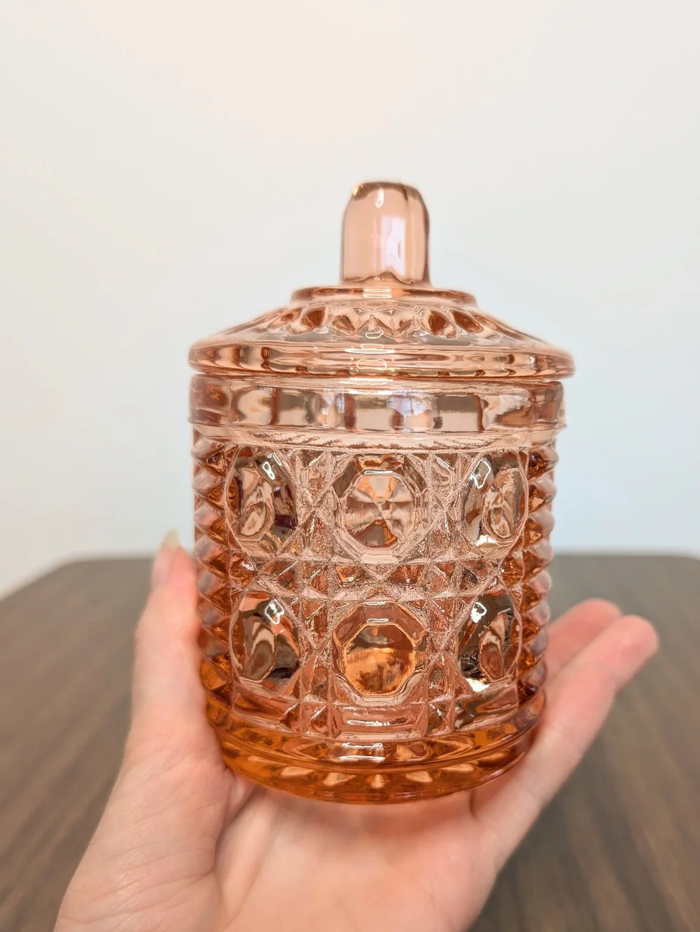 Vintage Windsor Pattern By Indiana Peachy Rose Pink Glass Honey Jam Jar With Lid